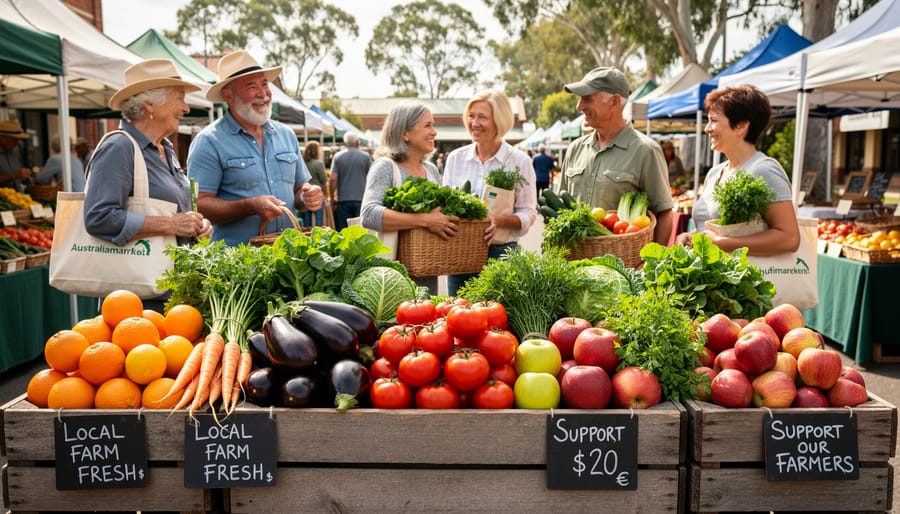 Overhead view of colorful fresh vegetables and fruits displayed at farmers market