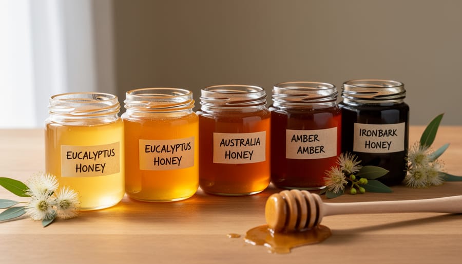 Variety of local Australian honey jars in different colors displayed at farmers market
