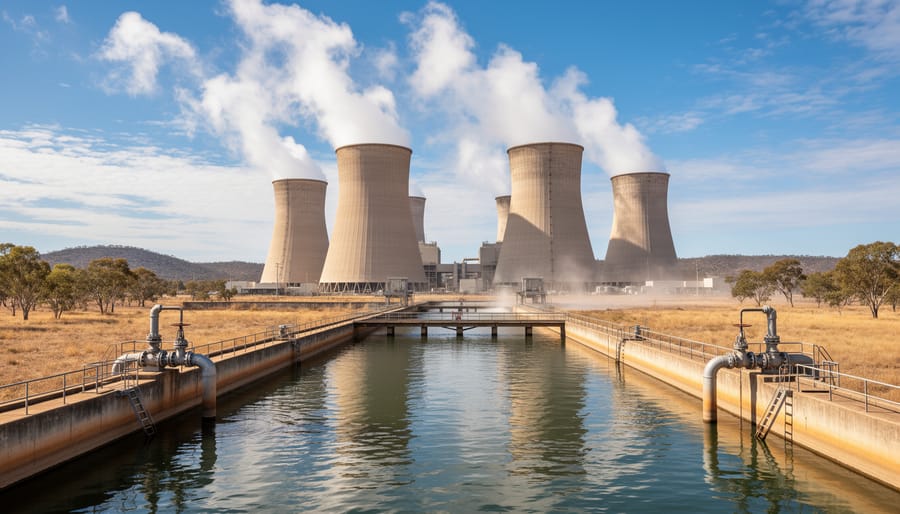 Large cooling tower at Australian power plant with vapor rising against blue sky