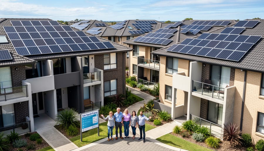 Contemporary Australian apartment building with solar panels installed on rooftop