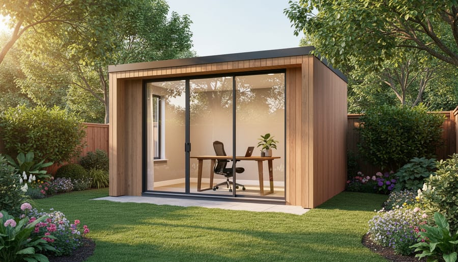 Modern backyard home office with desk and laptop surrounded by garden views