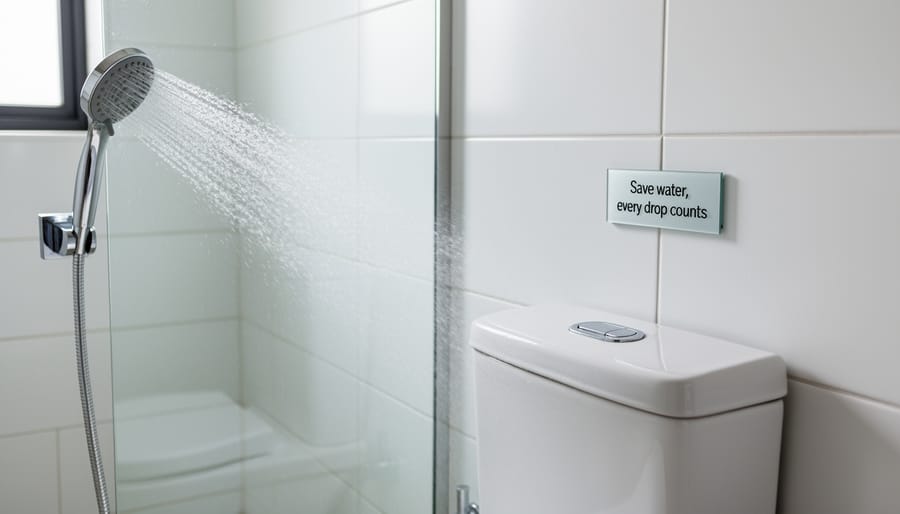 Modern low-flow showerhead and dual-flush toilet button in contemporary bathroom