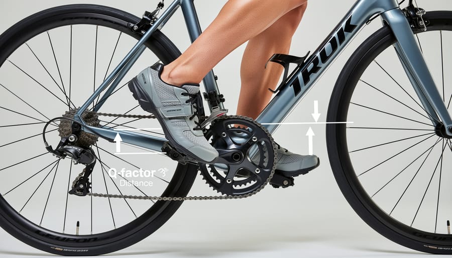 Front view of bicycle pedals and crank arms showing the spacing between left and right pedals