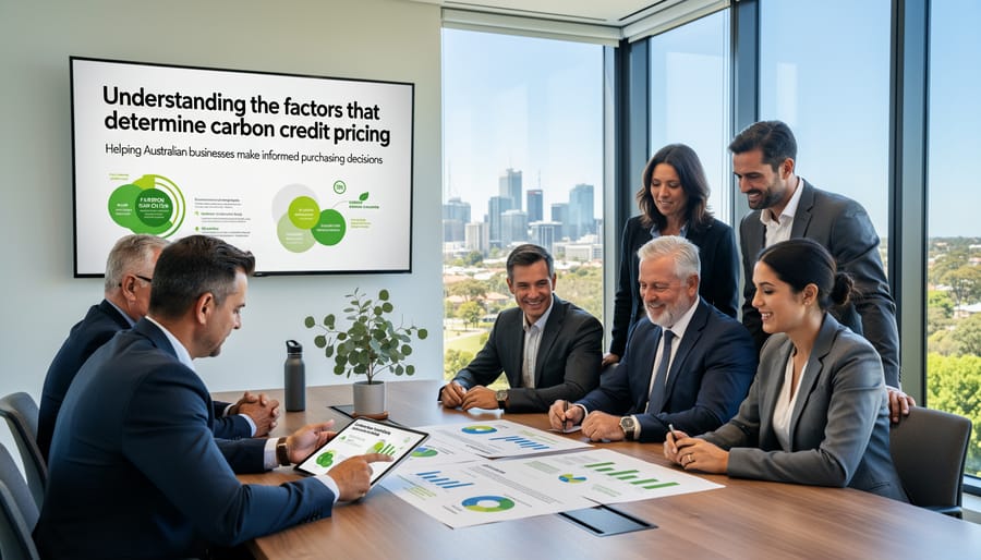 Business professional reviewing carbon credit documentation at office desk