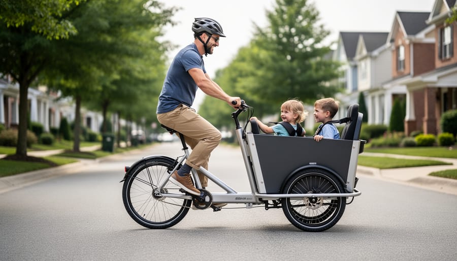 Parent riding cargo bike with children in front box on suburban street