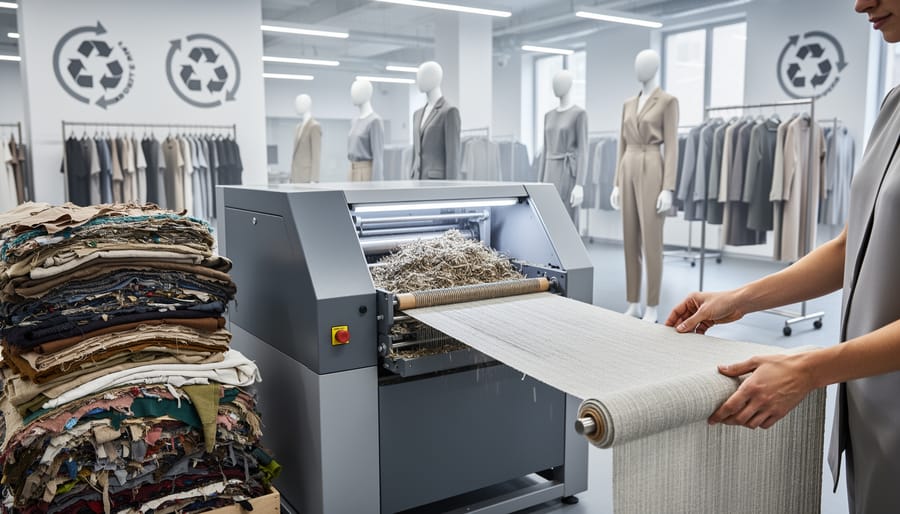 Recycled textile materials and fabric pieces arranged on workshop table