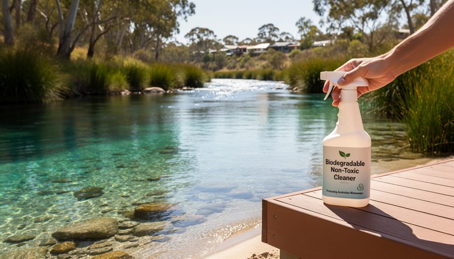 Water droplets on native Australian plant leaves with clean creek water in background