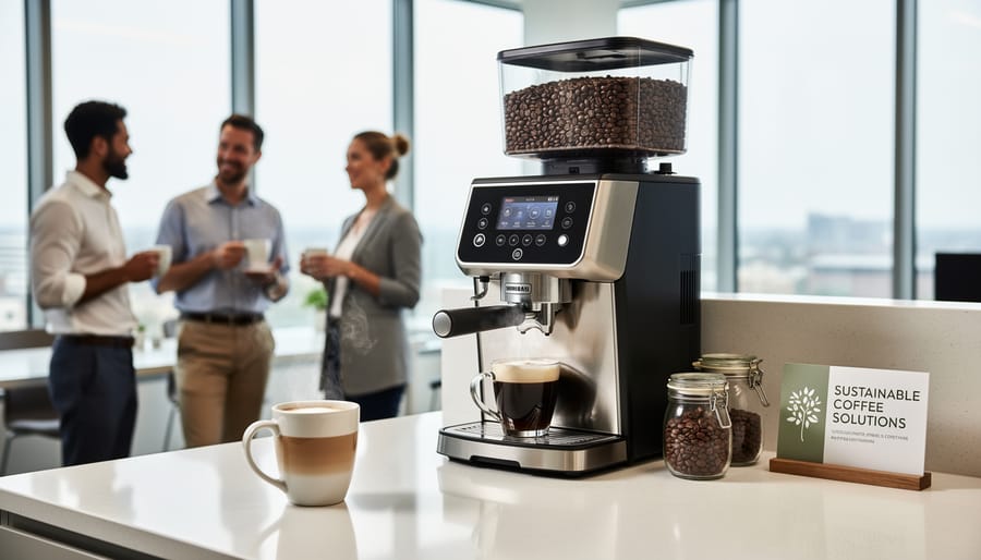 Modern bean-to-cup coffee machine dispensing fresh coffee in office setting