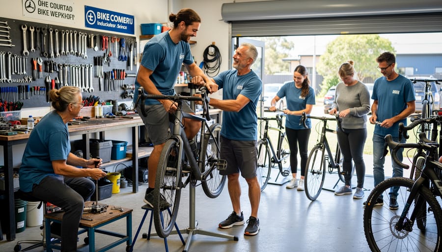 Volunteer mechanic helping cyclist with bike adjustments in community workshop setting