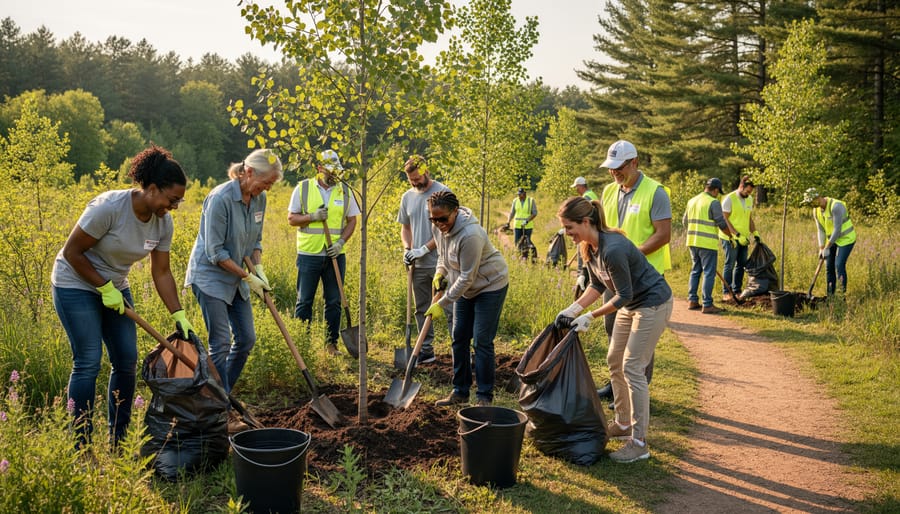 Group of volunteers planting native seedlings during coastal bushland restoration activity