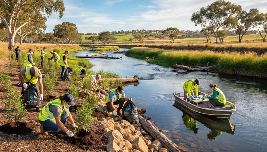 Community volunteers planting native vegetation along creek bank during restoration project