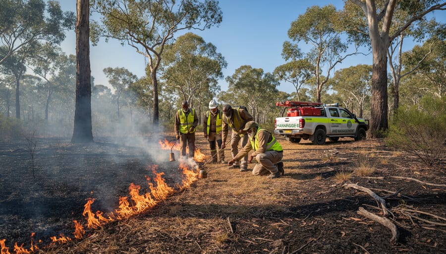 Indigenous ranger conducting traditional cultural burning practice in Australian bushland