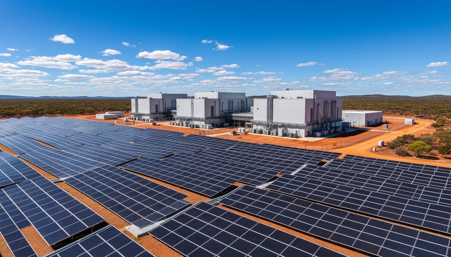 Modern data center building with extensive rooftop solar panel installation under clear Australian sky