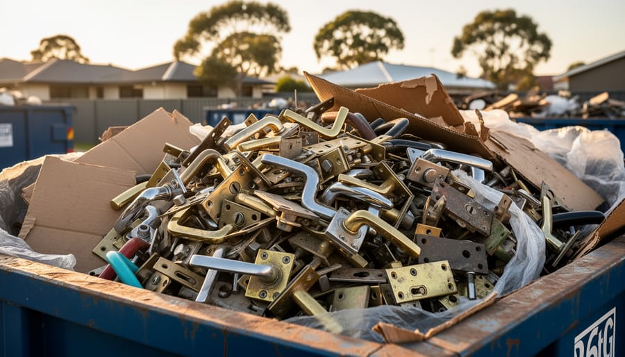 Pile of discarded metal door handles and hardware showing signs of wear and corrosion