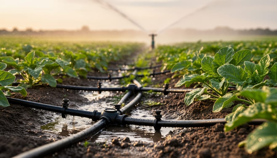Overhead view of drip irrigation system with water droplets in vegetable garden