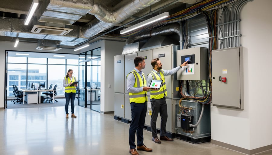 Energy efficiency consultant conducting commercial building assessment with digital equipment