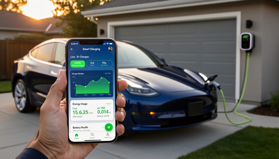 Close-up of hand holding smartphone showing EV charging app with electric vehicle visible in background