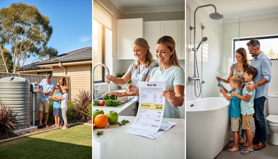 Australian family of four in front yard demonstrating household water conservation commitment