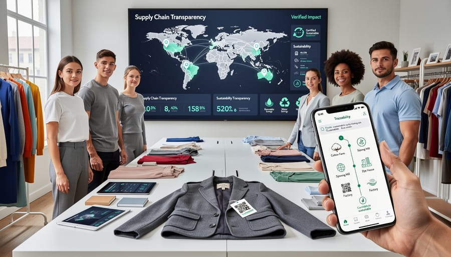 Smartphone showing supply chain tracking technology above sustainable clothing with certification tags