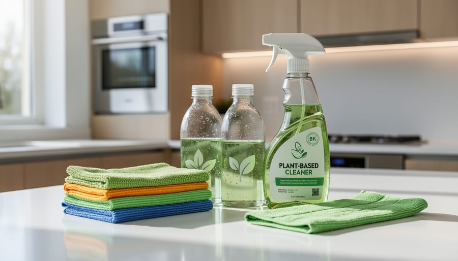 Microfibre cloth cleaning office desk with eco-friendly spray bottle in background