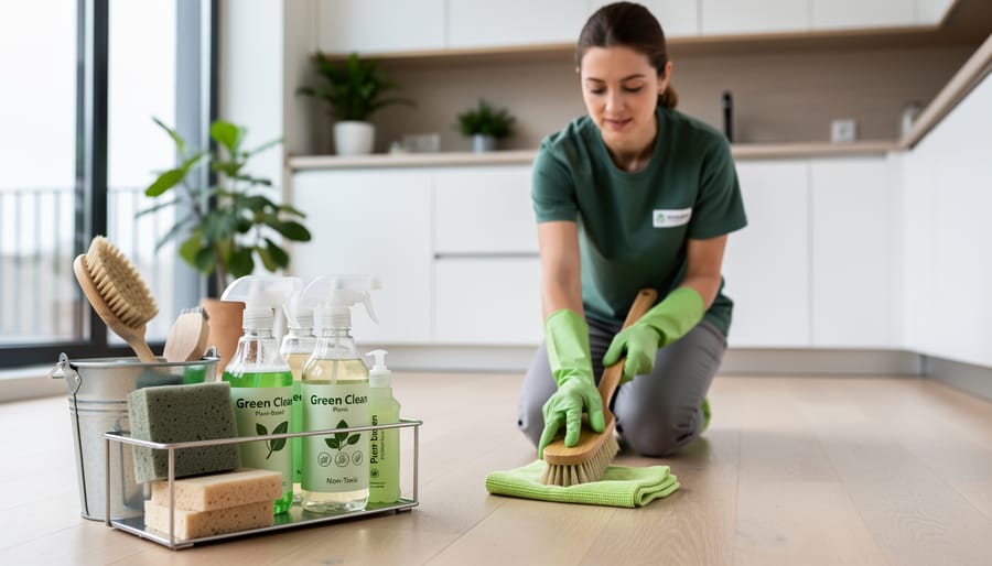 Professional cleaner's hands with eco-friendly cleaning tools and natural products