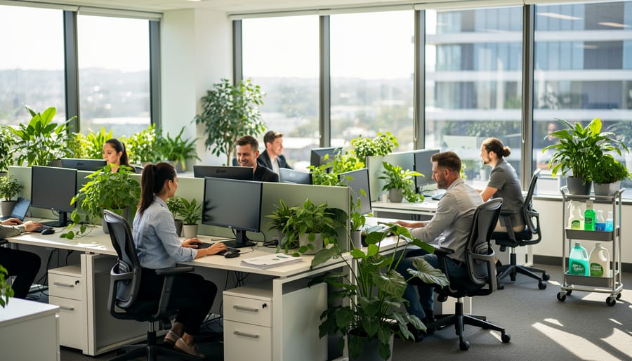 Office worker enjoying fresh air quality near window in healthy workplace environment
