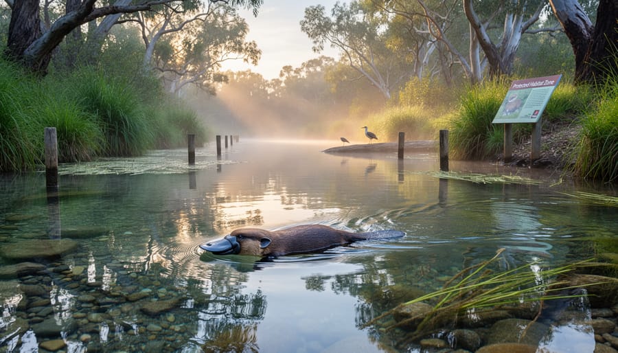 Platypus swimming in clear creek water with native vegetation along banks
