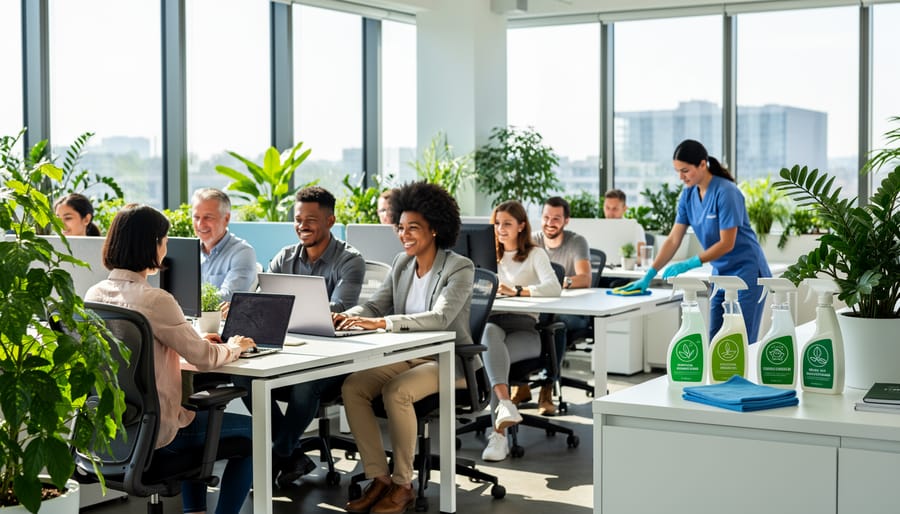 Happy diverse office team collaborating in bright healthy workplace environment
