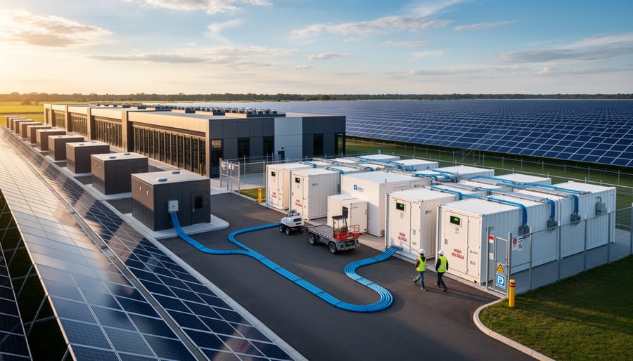 Aerial view of battery storage facility next to solar panel farm showing integrated renewable energy infrastructure