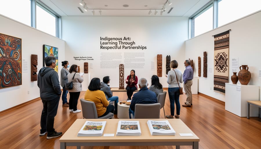 Interior of Indigenous cultural center gallery with Aboriginal artworks on display and visitors viewing