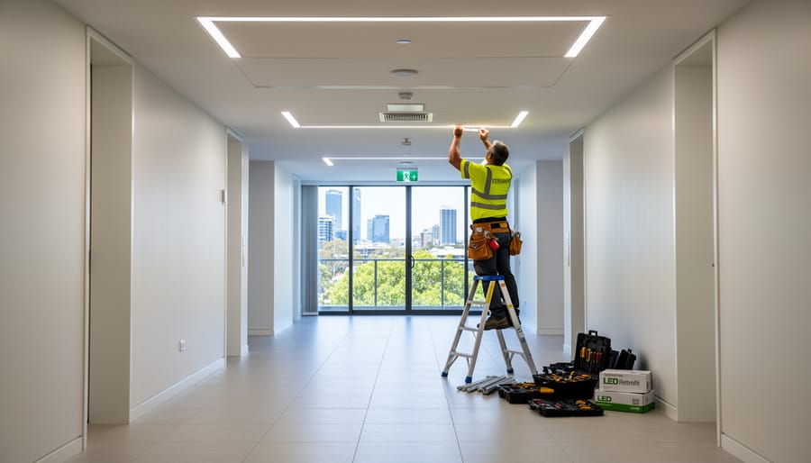 Professional installation of energy-efficient LED light fixture in residential ceiling