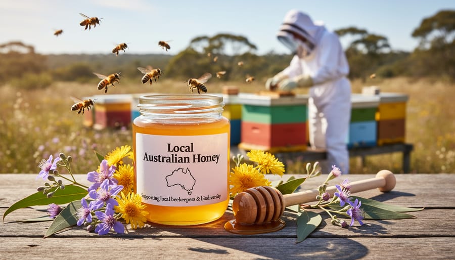 Jar of golden local honey with wooden dipper surrounded by Australian native flowers