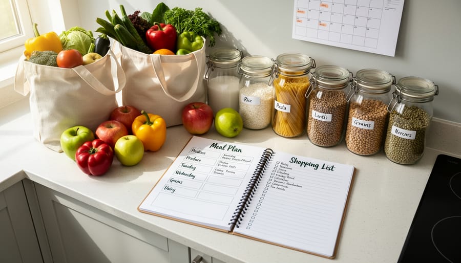 Overhead view of meal planning with fresh vegetables and shopping list on kitchen table