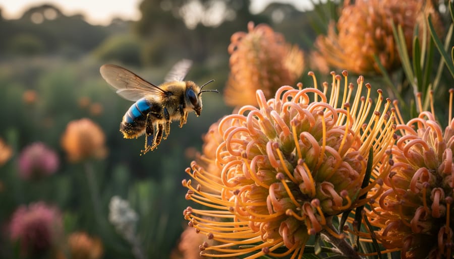 Native Australian bee pollinating pink native flower in garden