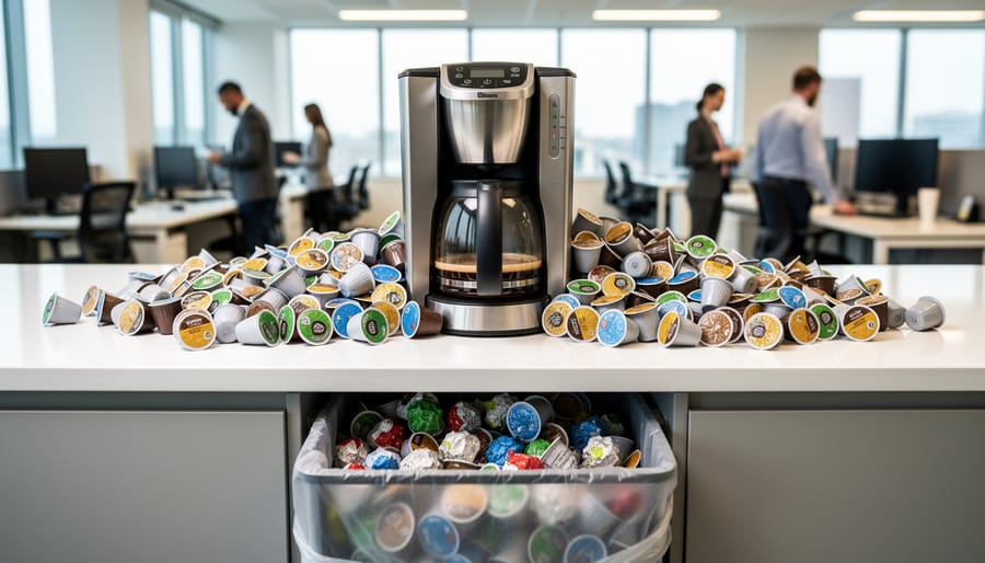 Multiple used K-cup coffee pods scattered on office desk