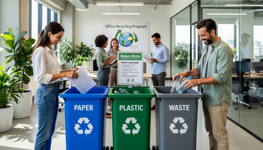 Office team members discussing toner recycling program at designated collection station
