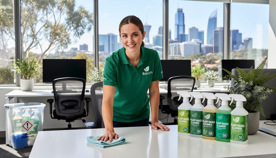 Eco-friendly cleaning spray bottle with plant-based ingredients on office desk