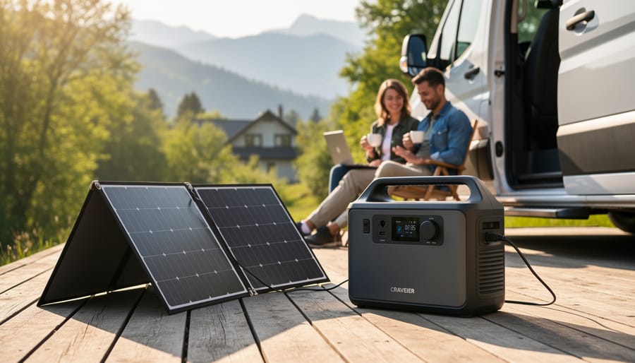Portable solar panel and battery system on apartment balcony with city skyline