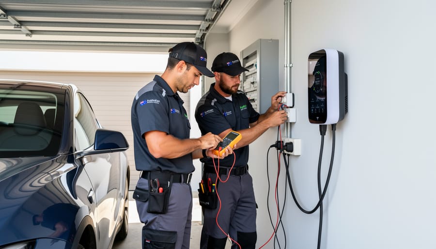 Licensed electrician in safety vest installing smart EV charger on exterior brick wall of Australian home
