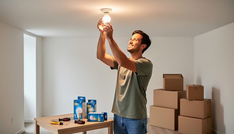 Young woman installing LED bulb in rental apartment
