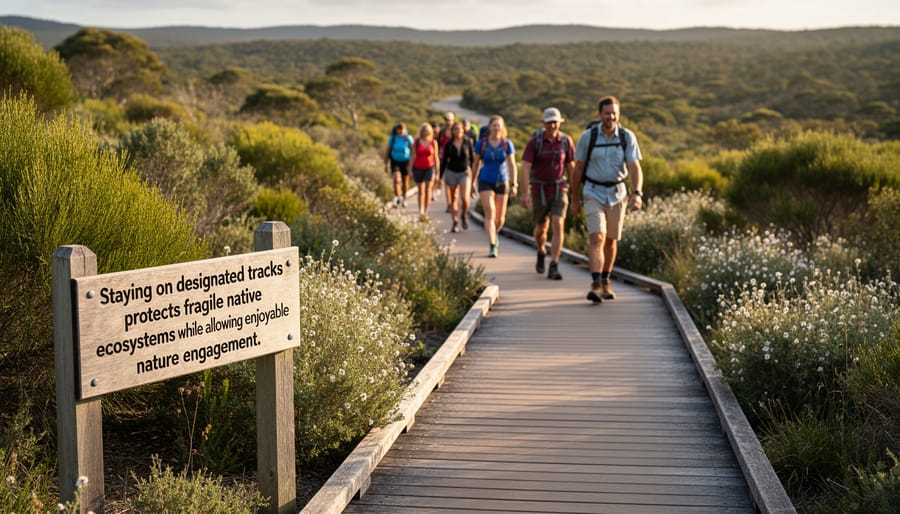 Hiking boots on bush walking track surrounded by native Australian wildflowers