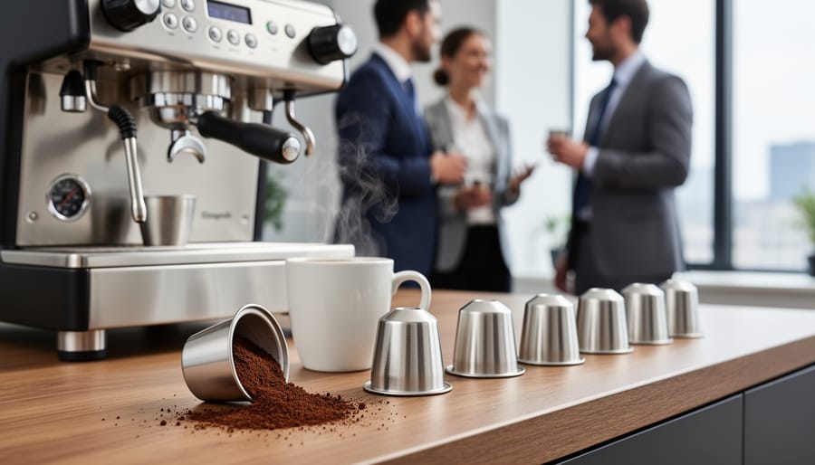 Person filling reusable stainless steel coffee pod with ground coffee