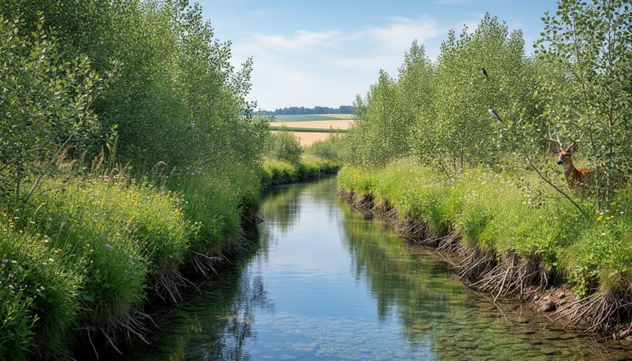 Aerial view of native vegetation buffer zone along Australian river with adjacent farmland