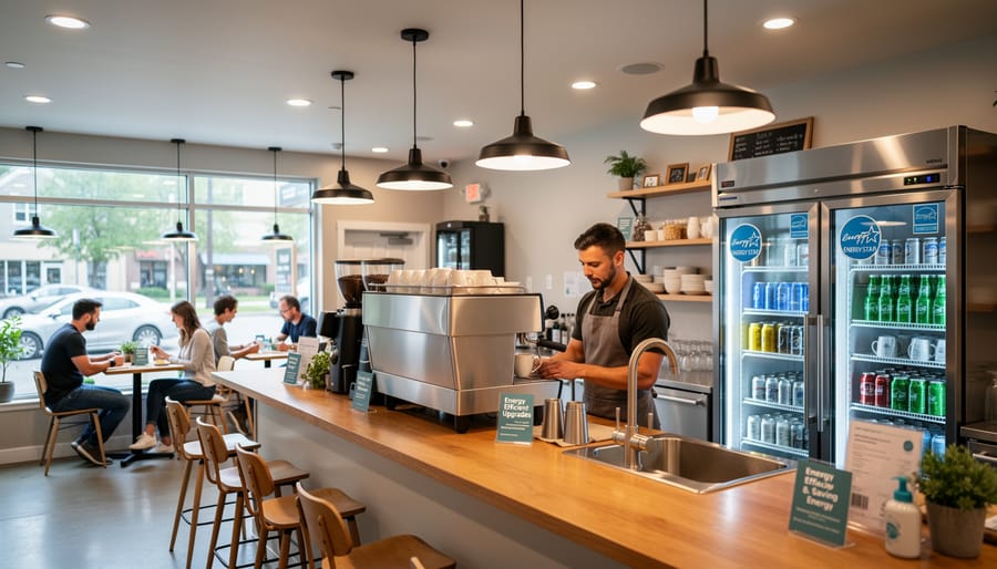 Modern energy-efficient café interior with LED lighting and efficient appliances