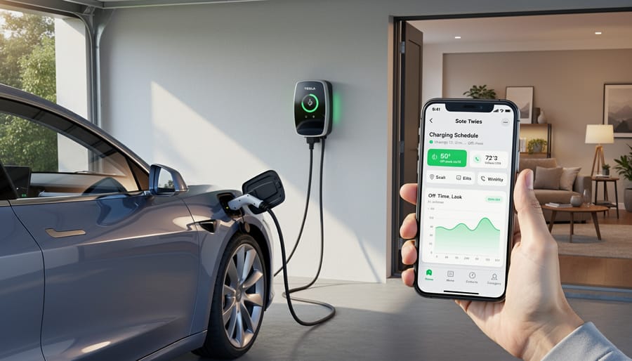 White smart EV charger mounted on garage wall with blue LED lights and charging cable connected to electric vehicle