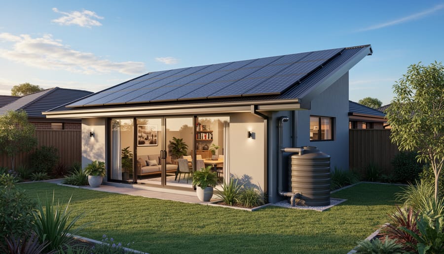 Solar panels and rainwater collection system on sustainable outdoor housing structure roof