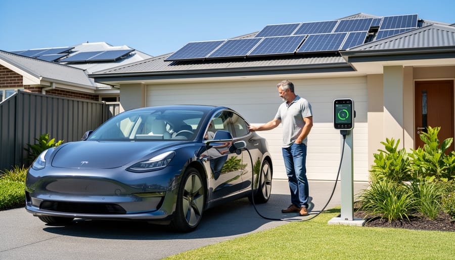 Aerial view of Australian home with solar panels on roof and electric vehicle charging in driveway
