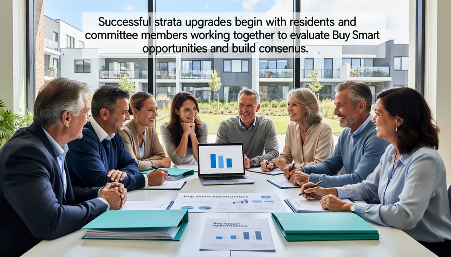 Strata committee members and residents meeting together to discuss building upgrade plans