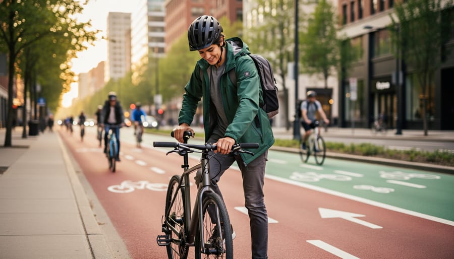 Group of commuter cyclists riding various bike types on urban bike path