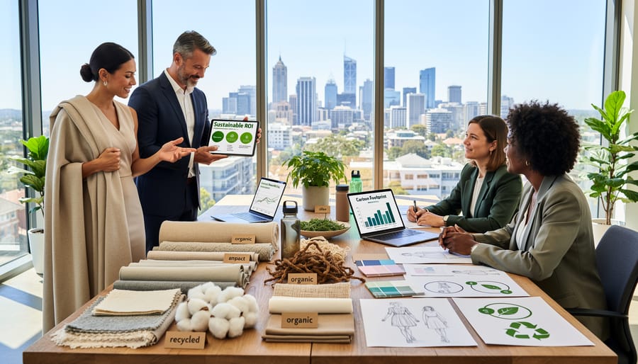 Business professionals examining sustainable fabric samples in modern office setting